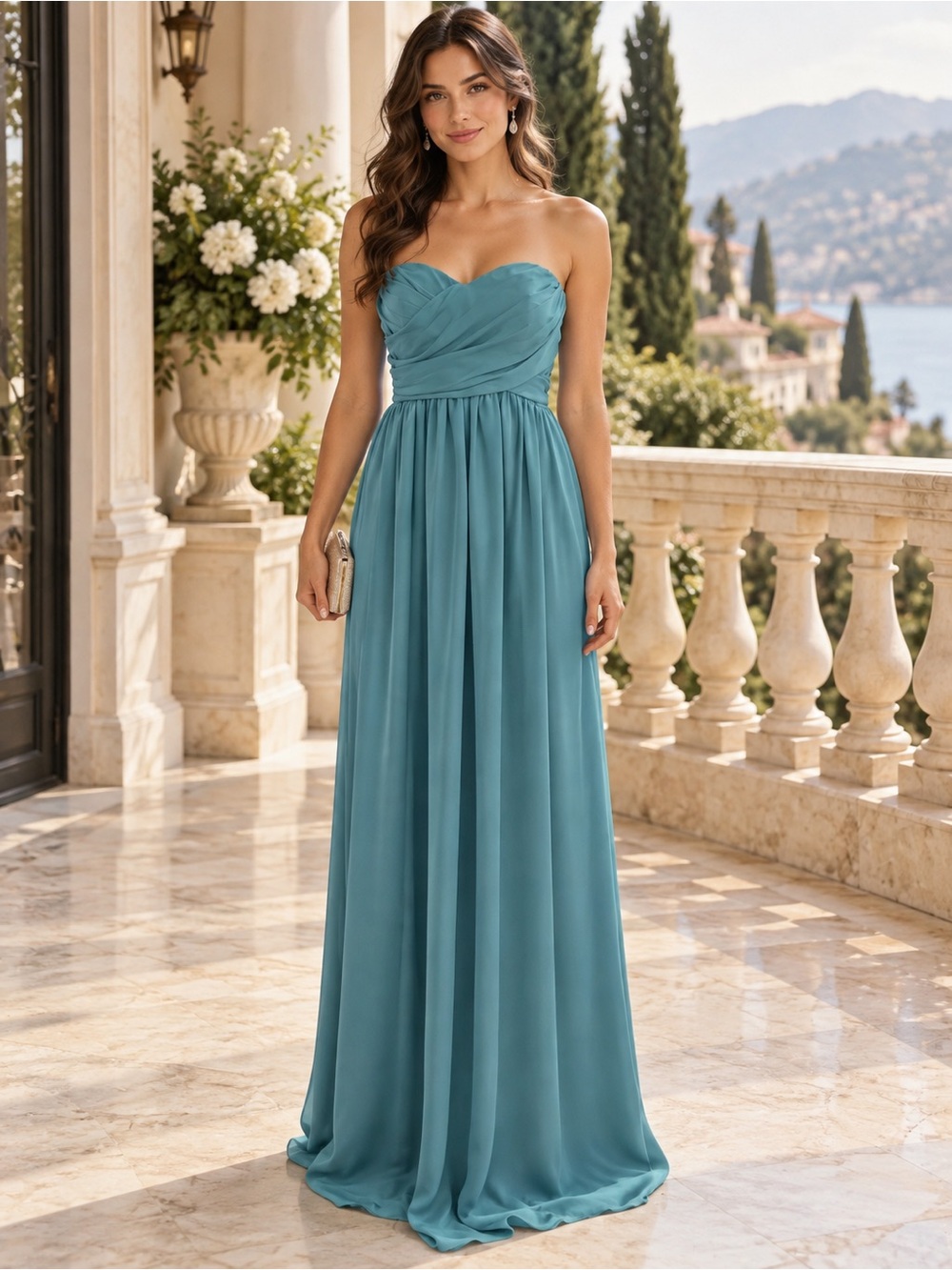 Tevolio Strapless Seafoam Chiffon Gown